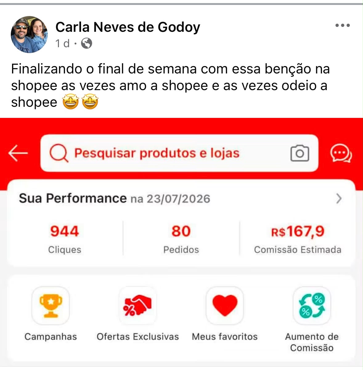 Print público de afiliada mostrando 944 cliques, 80 pedidos e comissão estimada