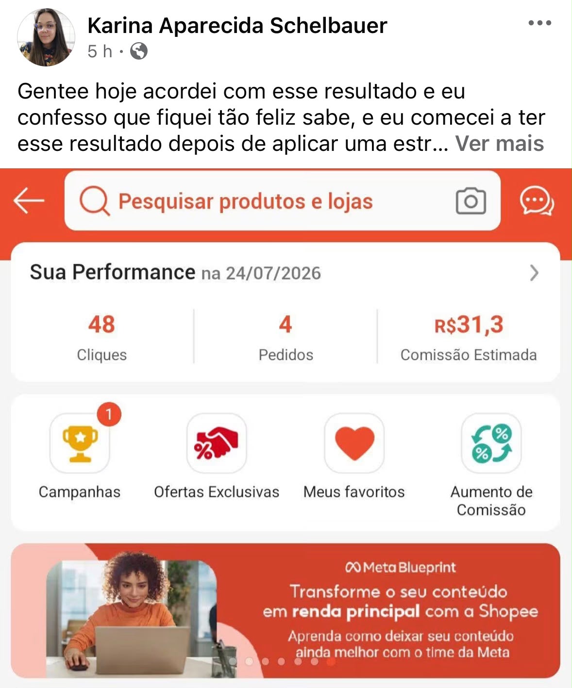 Print público de afiliada mostrando cliques, pedidos e comissão estimada na Shopee