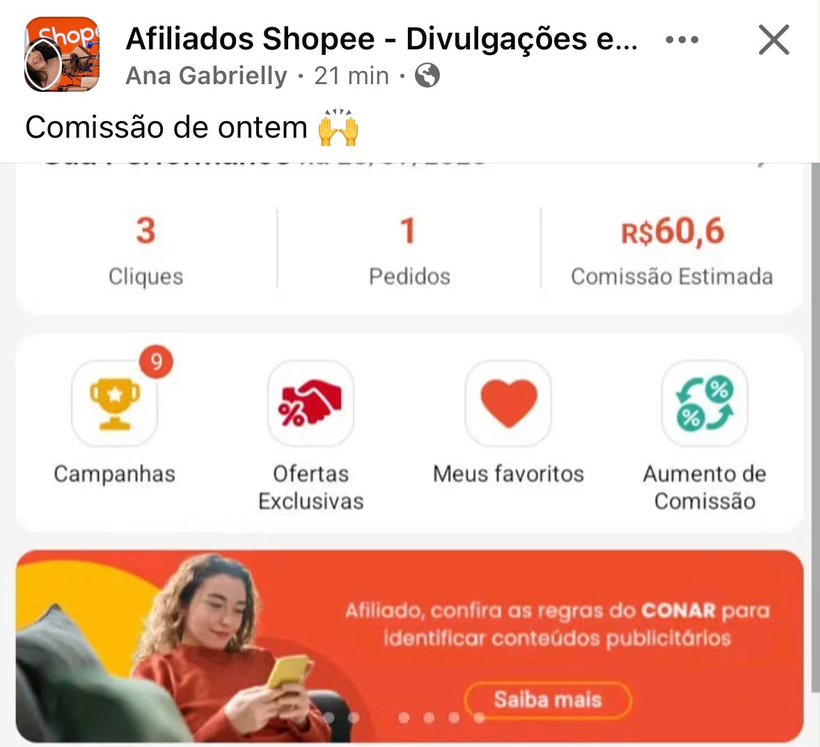 Print público mostrando pedido e comissão estimada de afiliado Shopee