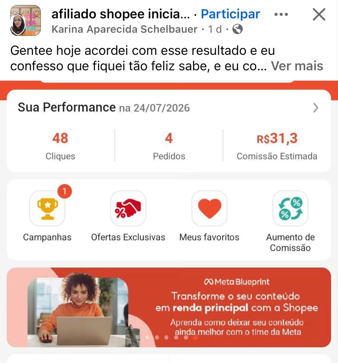 Print público de desempenho de afiliada na Shopee