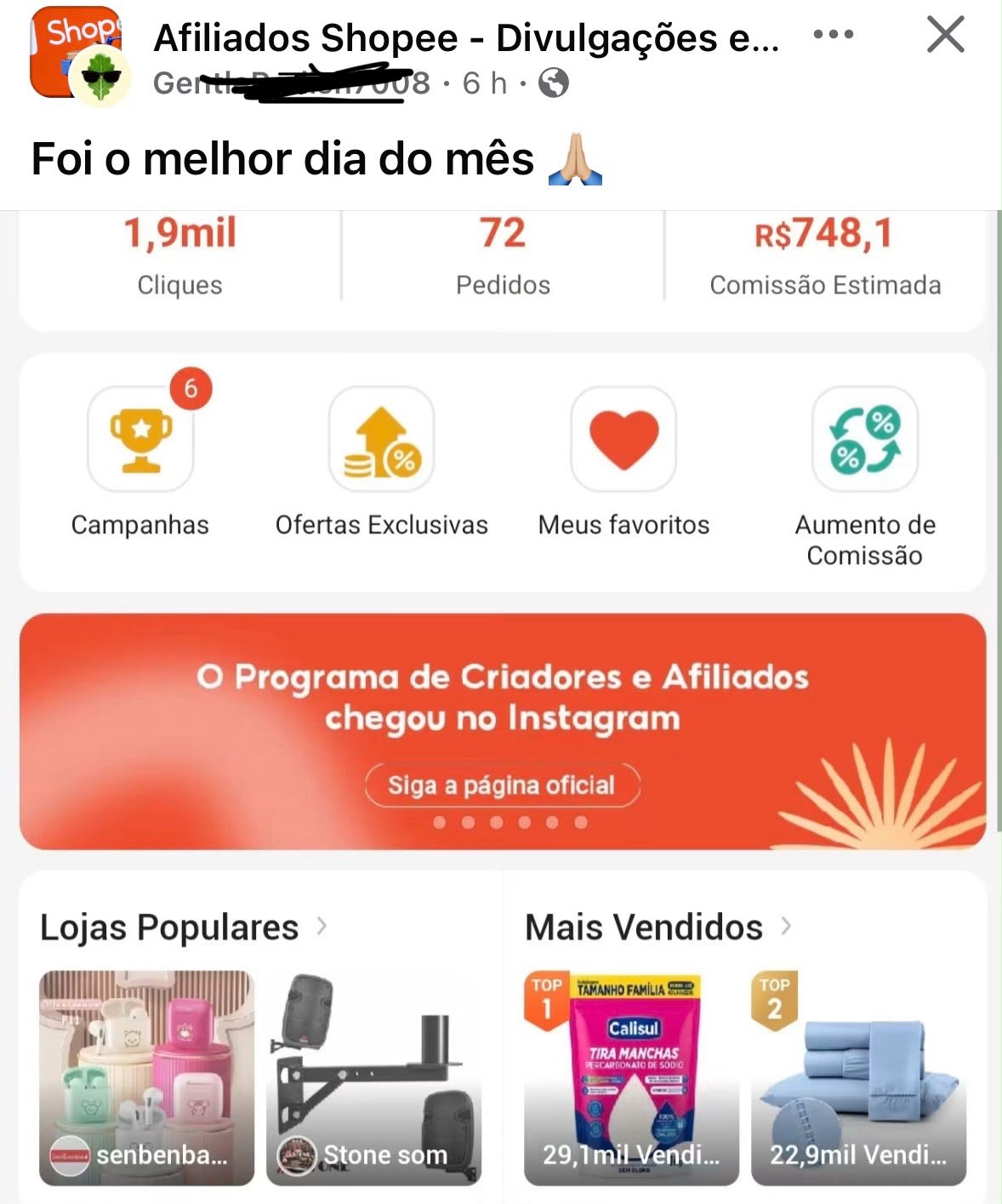 Print público mostrando 72 pedidos e comissão estimada de afiliado