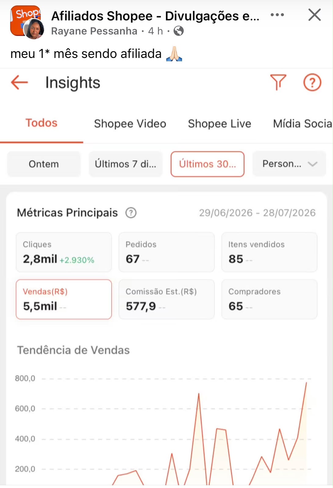 Print público com métricas do primeiro mês de afiliada