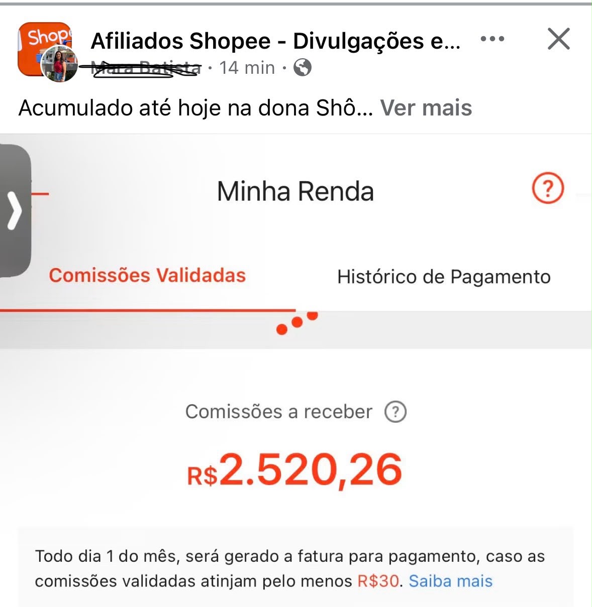 Print público mostrando comissões a receber na Shopee